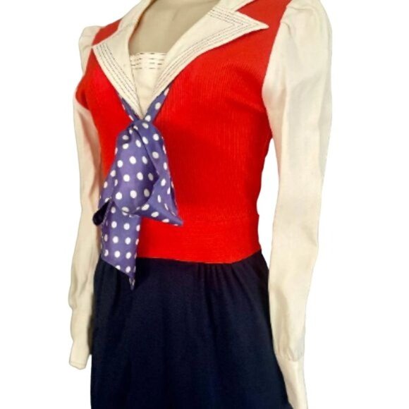 Vintage 70s Maxi Dress Sz S M Red White Blue w Long Sleeves & Polka Dots scarf. - Picture 5 of 8